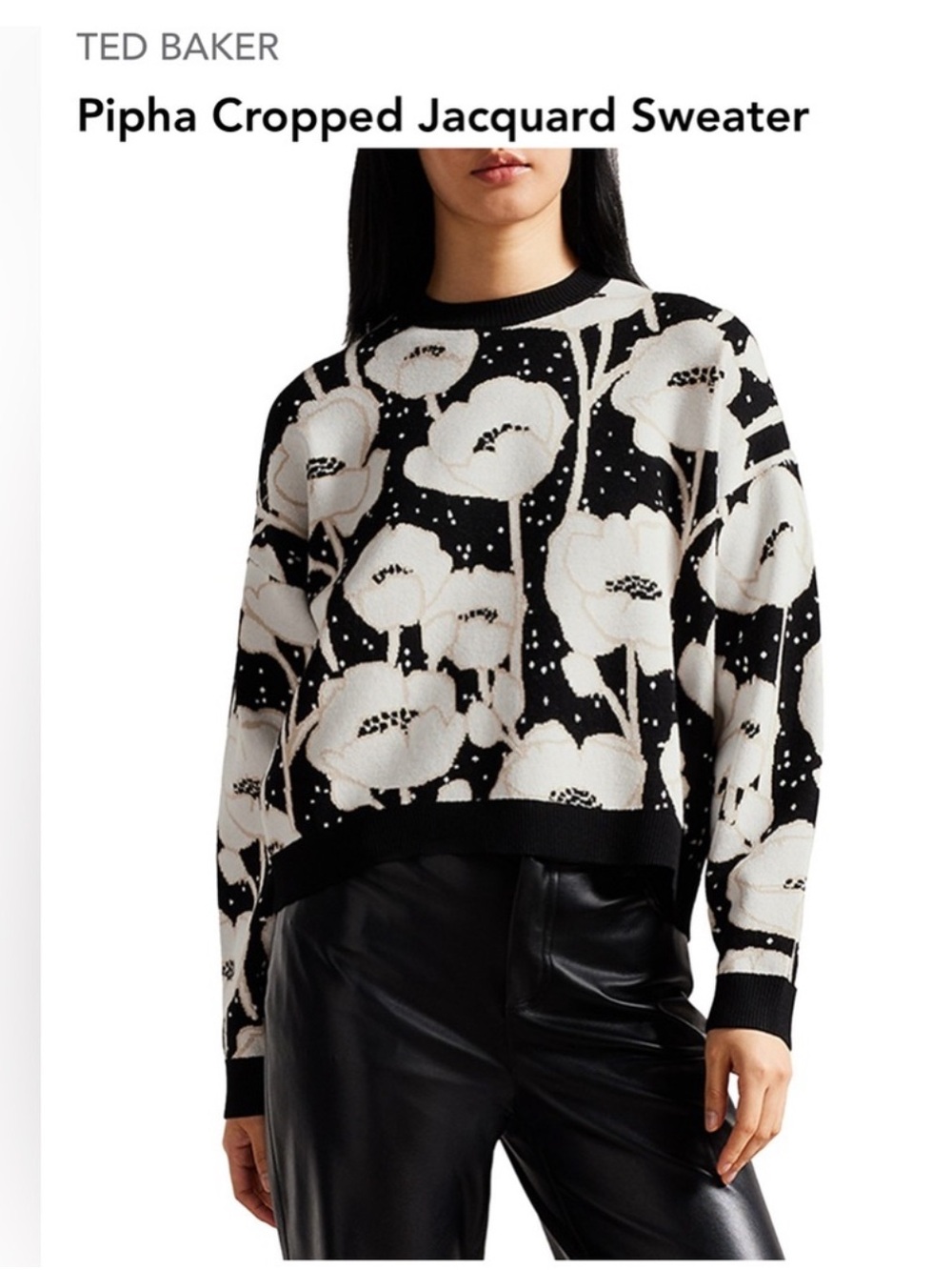 0111. Ted Baker London Black & White Pippa Cropped Jacquard Sweater